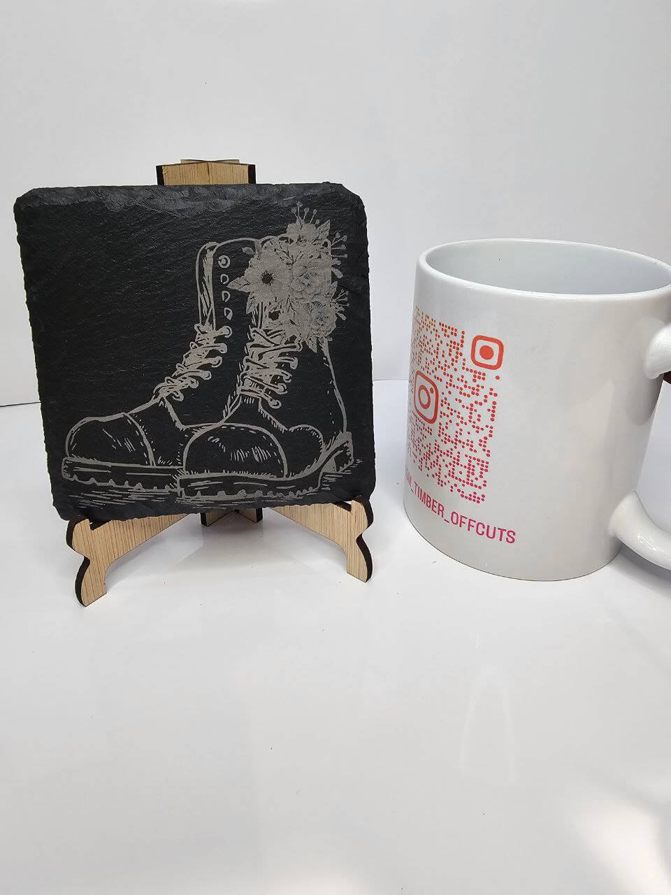 slate “Boots & Flowers – Laser-Engraved Slate Coasters | 10cm x 10cm