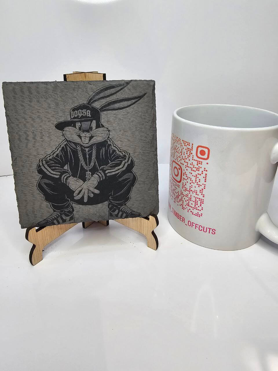 slate “Hip Hop Bunny Laser-Engraved Coasters – Set of 6 | 10cm x 10cm