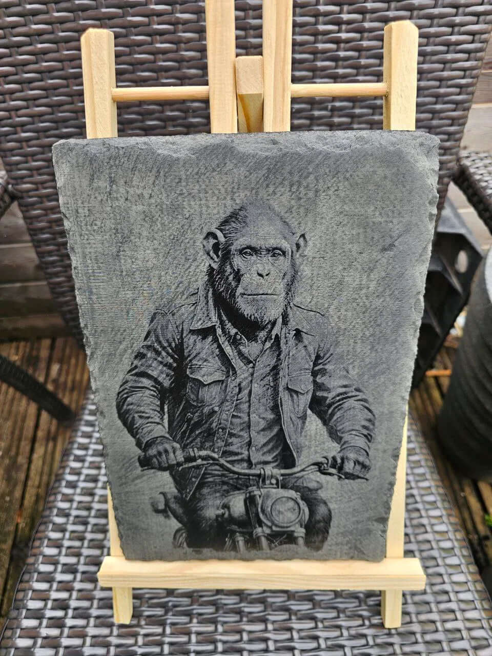 slate Funny Biker Chimp Art Laser Engraved Animal Plaque for Man Cave