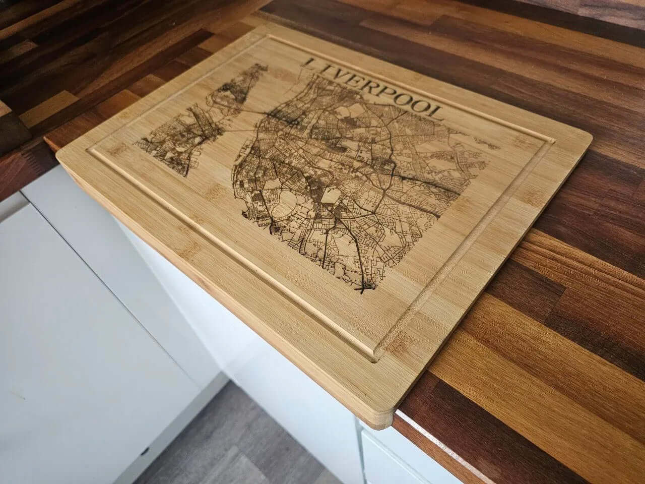 chopping board. Liverpool City Map – Laser Engraved Bamboo Kitchen Gift