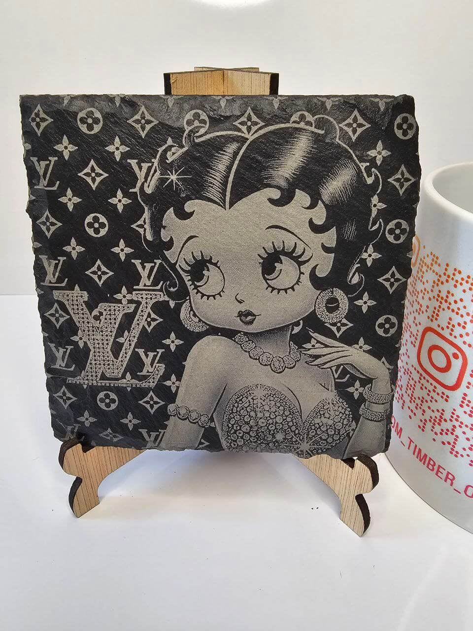 slate Betty Boop LV Style Fan Art Engraved Coasters | Handmade Set