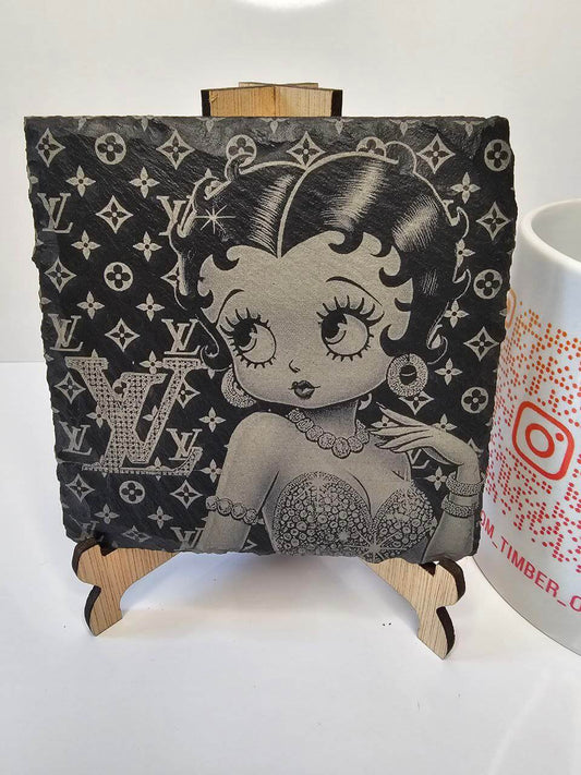 slate Betty Boop LV Style Fan Art Engraved Coasters | Handmade Set