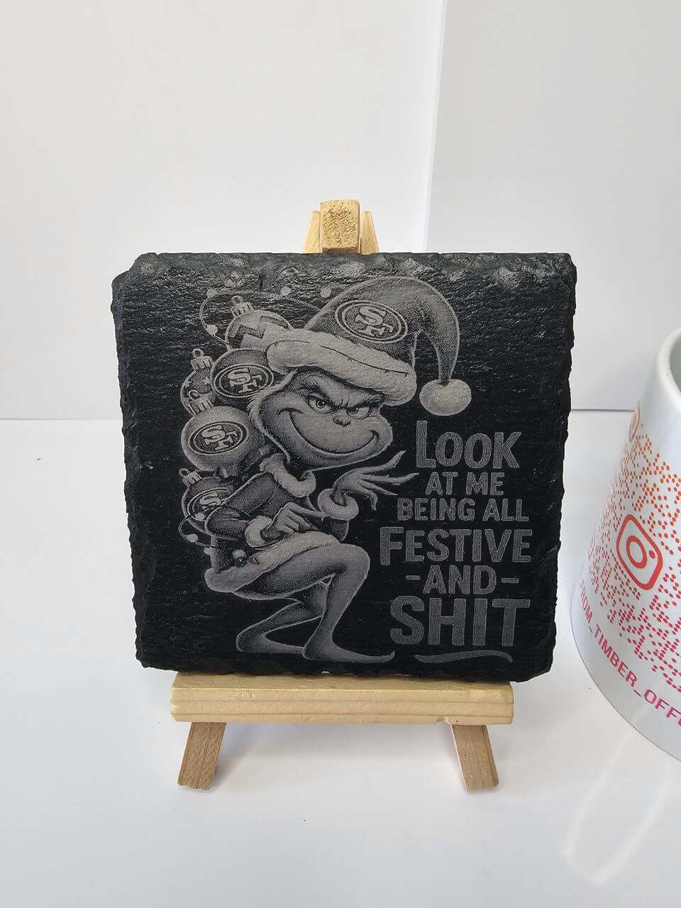 slate Festive & Sh*t – Funny Grinch-Style Engraved Slate Coaster