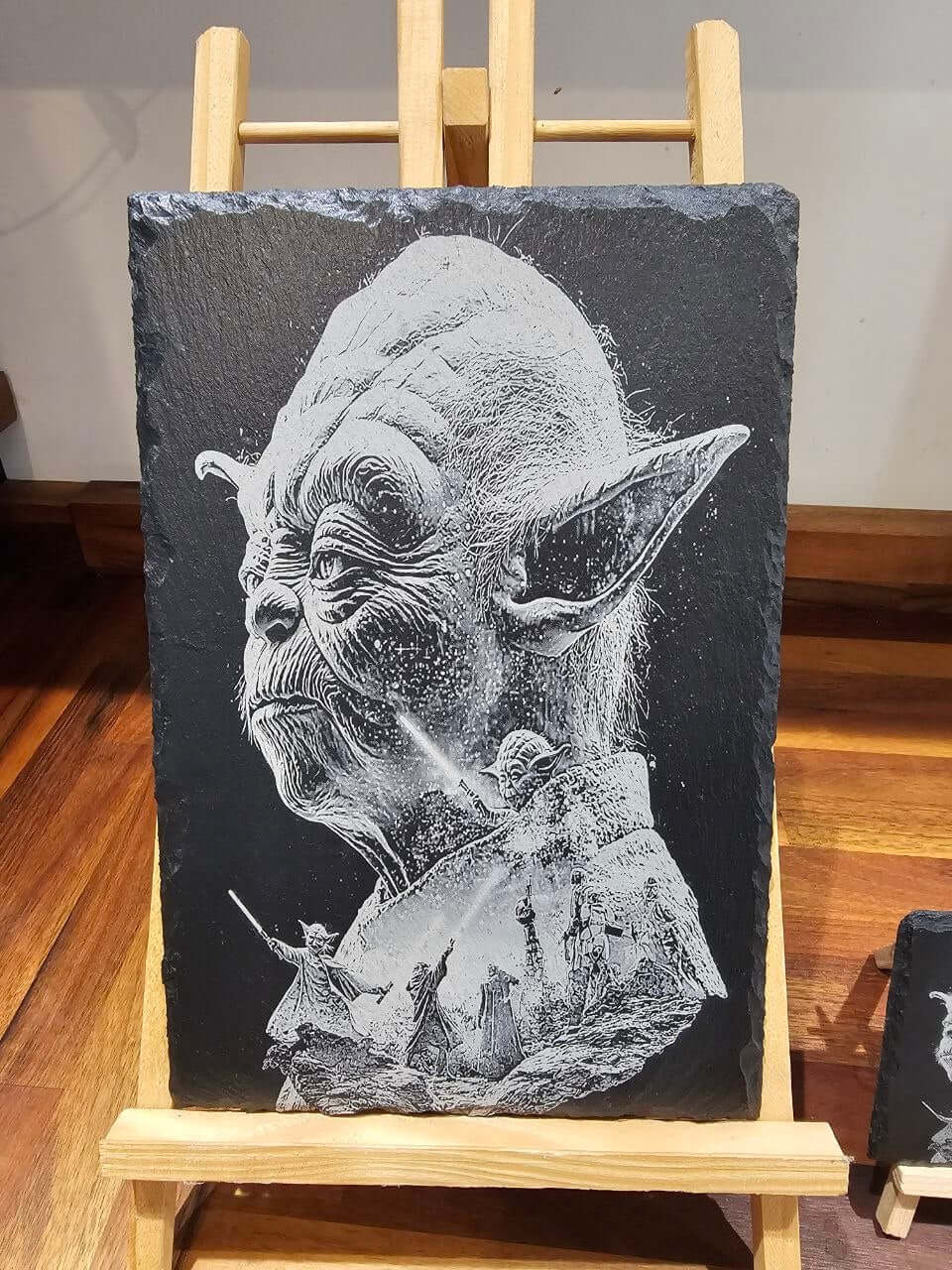 Slate plaque Yoda laser engraving showcasing Yoda's detailed portrait, handmade in the UK, 30cm x 20cm.
