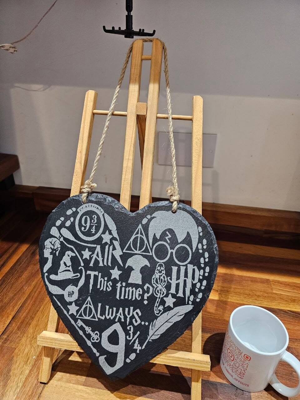 Handmade 25cm x 25cm Engraved Heart slate plaque featuring Harry Potter symbols and quotes.