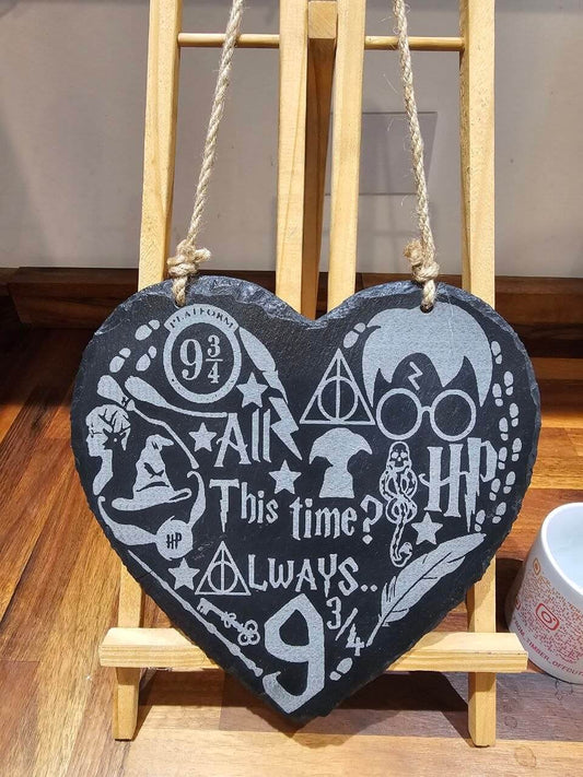Handmade 25cm x 25cm Engraved Heart slate plaque featuring Harry Potter symbols and quotes.
