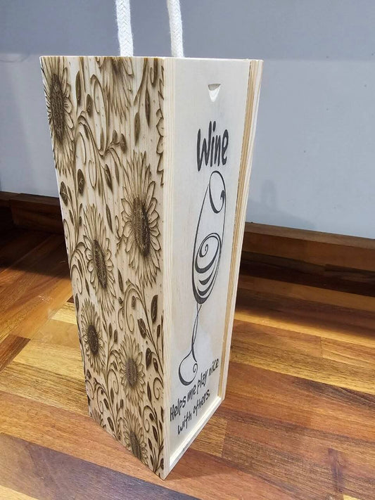 Engraved Wooden Wine Bottle Gift Box with floral design and wine glass artwork.