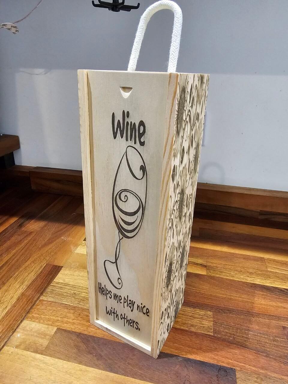 Engraved Wooden Wine Bottle Gift Box featuring wine artwork and humorous text design.