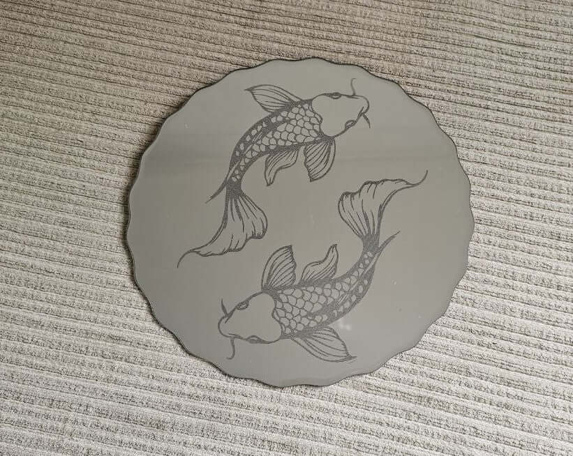 30cm Round Engraved Koi Vanity Mirror Tray featuring detailed koi fish design on a smooth mirrored surface.
