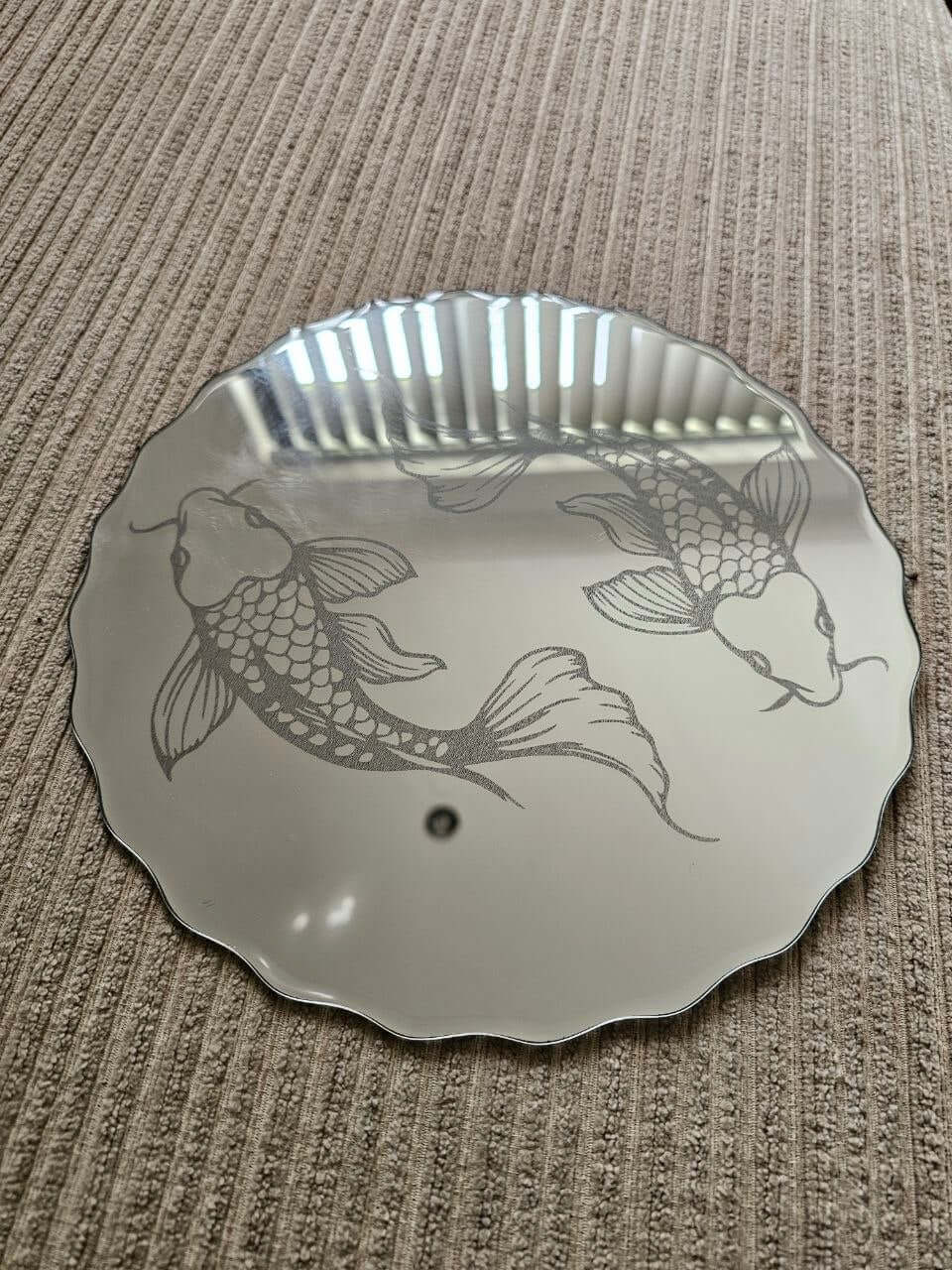 30cm Round Engraved Koi Vanity Mirror Tray showcasing intricate koi fish design on a smooth mirrored surface.
