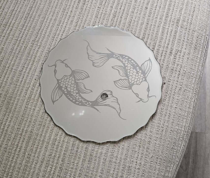 30cm Round Engraved Koi Vanity Mirror Tray with koi fish design on a smooth mirrored surface.