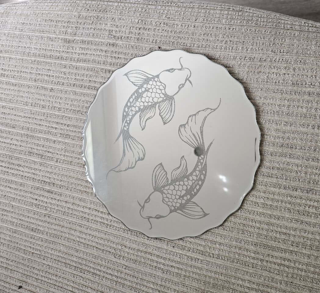 30cm Round Engraved Koi Vanity Mirror Tray featuring intricate koi fish design on a sleek mirrored surface.
