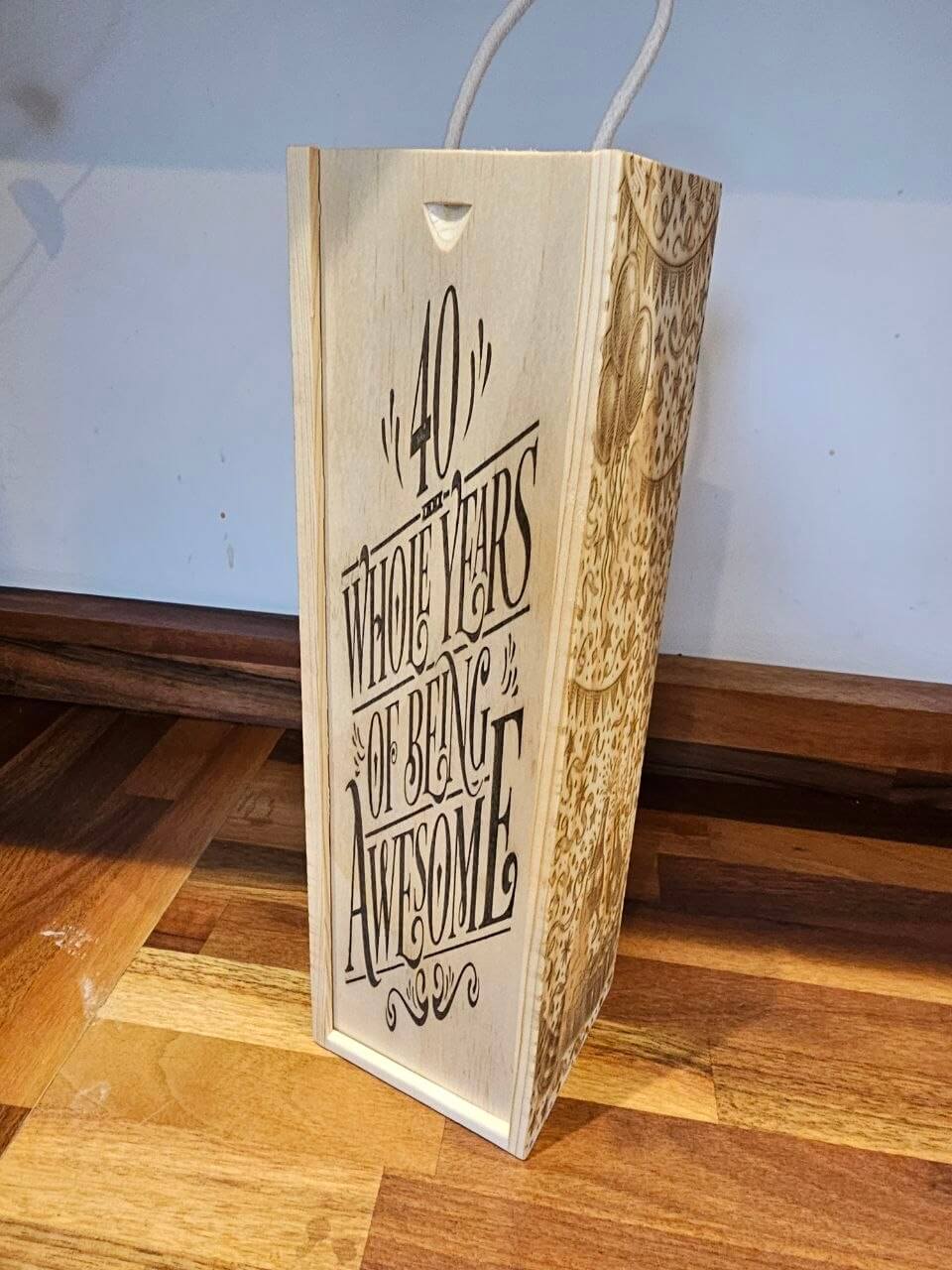 40th Birthday Wooden Gift Box with engraved text celebrating 40 years of being awesome.