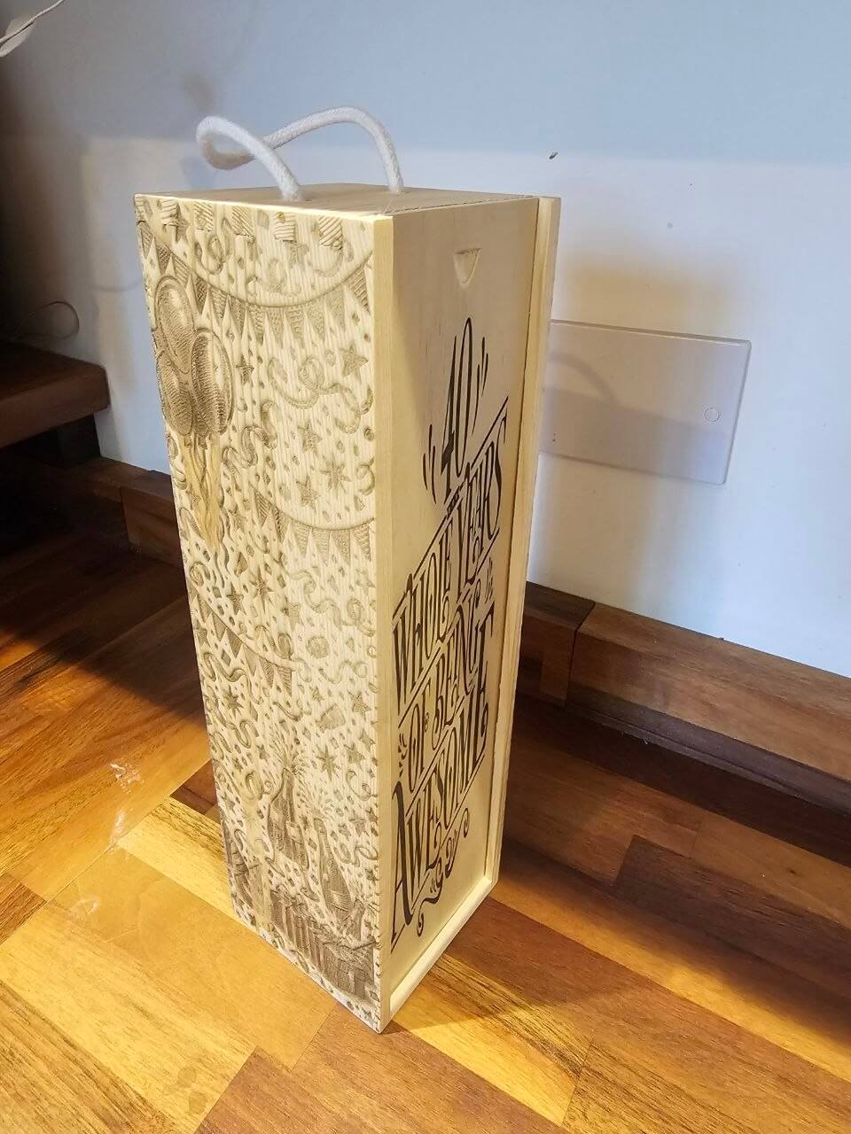 40th Birthday Wooden Gift Box featuring intricate engravings and unique design for celebrating a milestone birthday.