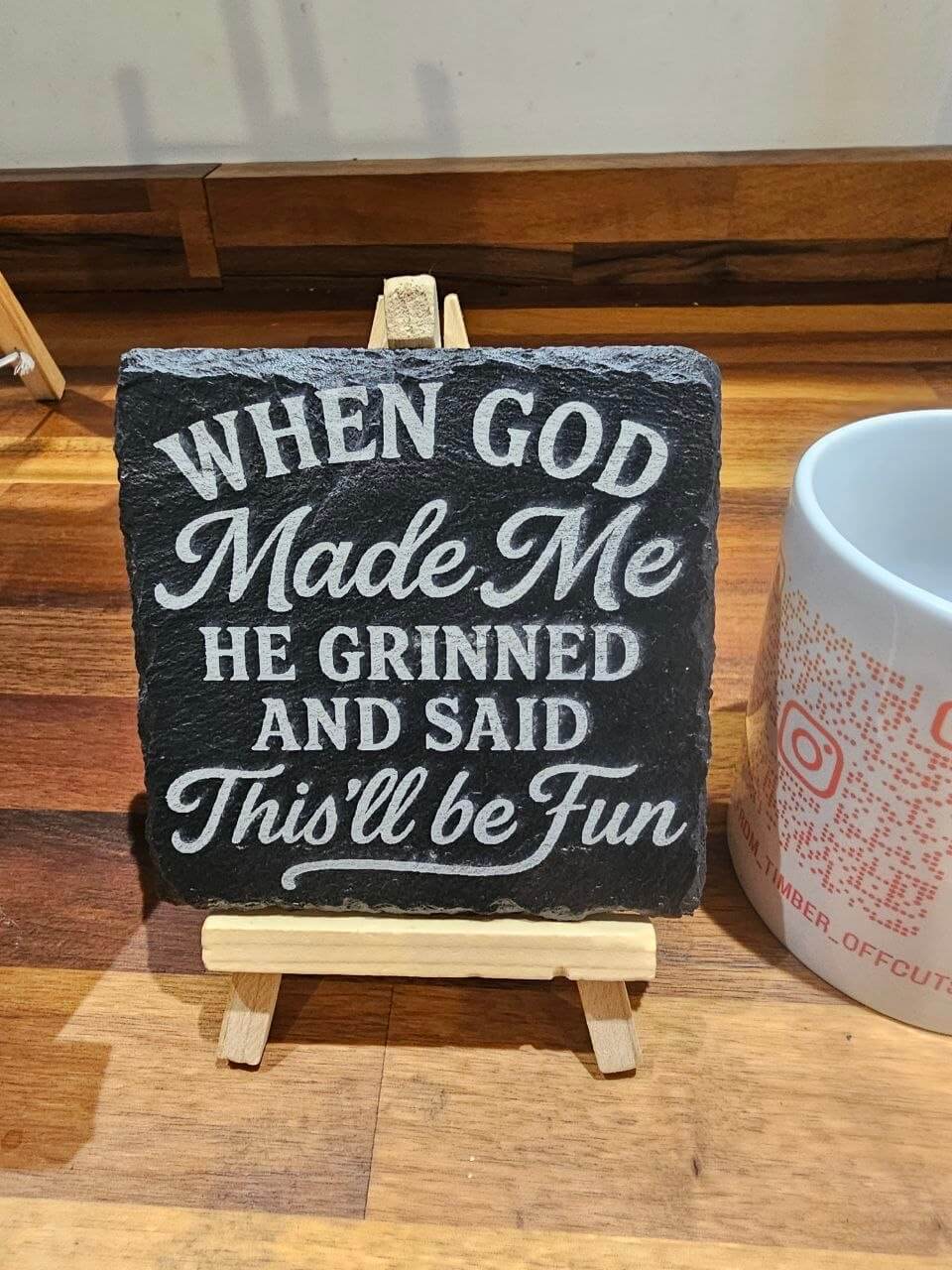 30cm x 20cm Premium Engraved Slate Plaque – “When God Made Me…” displayed on a stand.