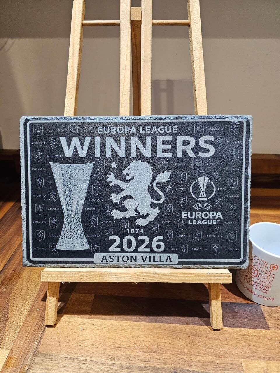 Aston Villa Europa League Winners 2026 Slate Plaque displayed on a wooden easel.