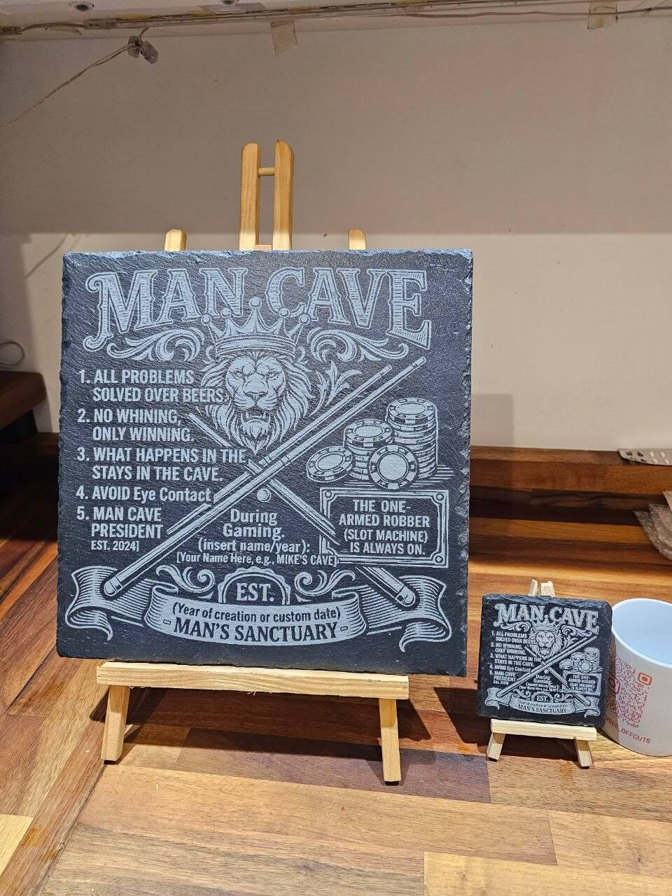 Personalised man cave slate plaque featuring humorous rules and details for a man's sanctuary.