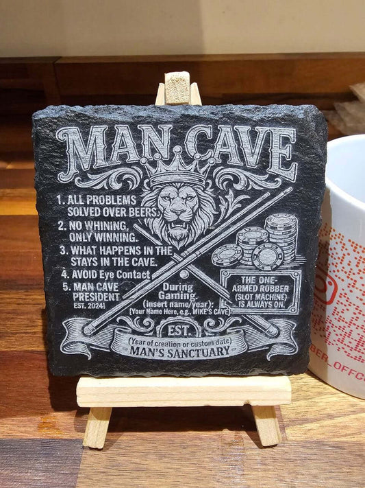 Personalised Man Cave Slate Coaster 10cm x 10cm with engraved lion and gaming rules design.