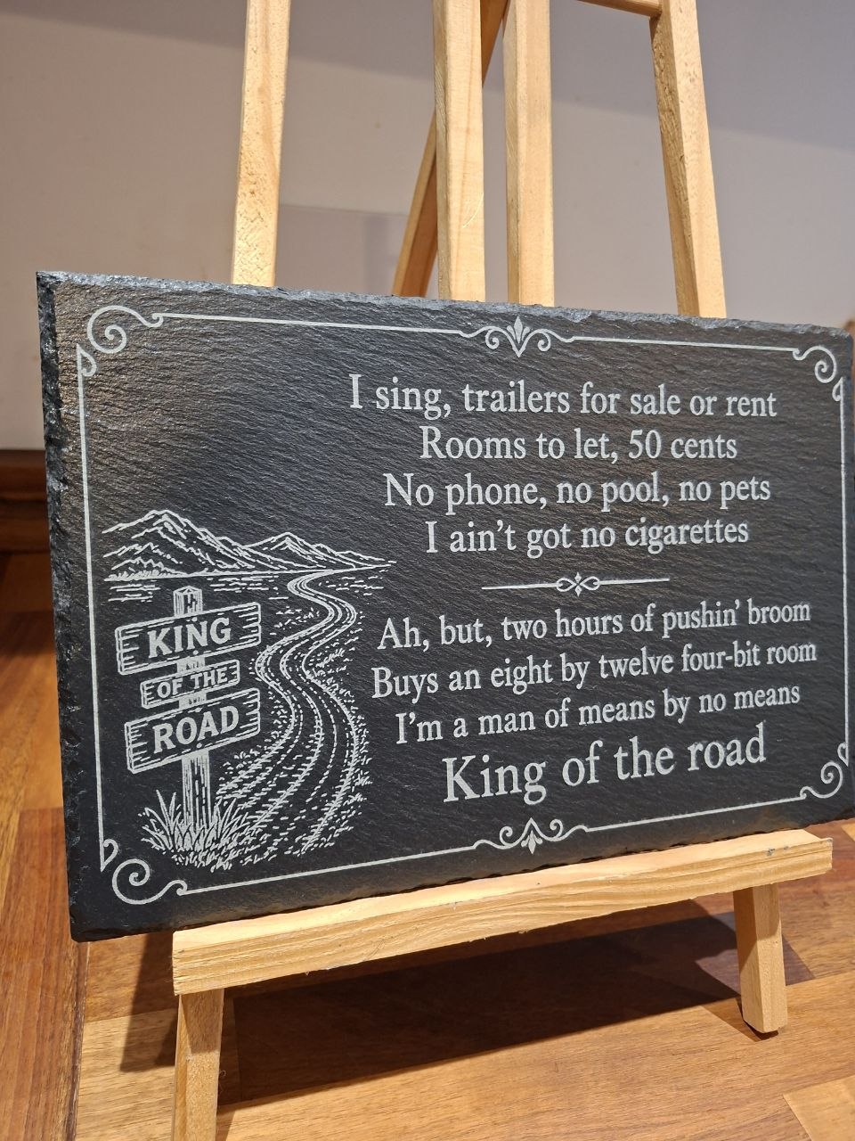 King of the Road Memorial Slate Plaque featuring engraved song lyrics and scenic artwork.